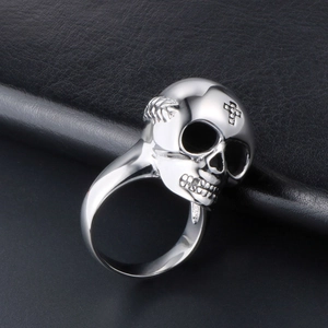 Vintage silver skull ring with cross detail in polished stainless steel for men