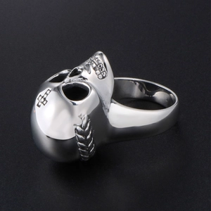 Vintage rock punk skull ring in durable titanium steel with polished silver finish