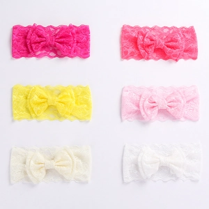 Set of 6 double-layer lace bow headbands for baby girls in vibrant assorted colors