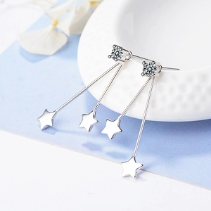 Elegant star tassel earrings with clear zircons hanging on a white ceramic plate