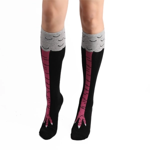 Funny chicken feet knee high socks with pink claw pattern on black cotton knit base