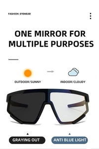 Detail showing photochromic cycling glasses with anti-blue light and graying lens function