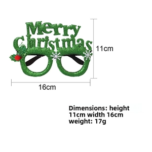 Detailed size view of green glitter Christmas glasses frame with Merry Christmas text