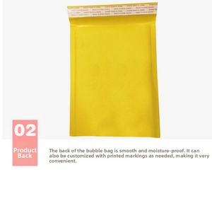Detail of yellow kraft bubble mailer showing waterproof texture and self-seal adhesive strip