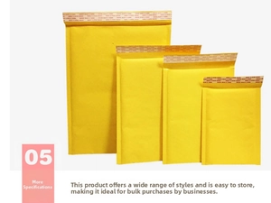Detailed view of four sizes of yellow kraft bubble mailers with self-adhesive seals