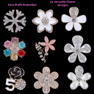 Detailed grid of 24 alloy flower and snowflake charms with rhinestones and pearls
