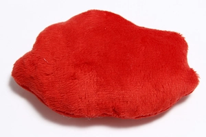 Detailed close-up of the red plush fabric texture and soft cloud shape of the pet toy