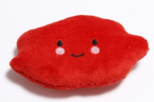 Detailed view of red cloud plush dog toy with cute smiling face embroidery