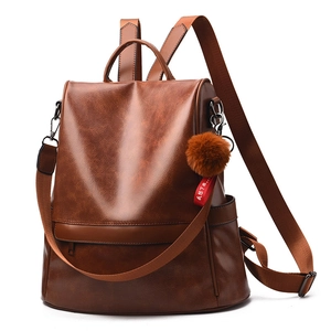 Fashion Women Backpack Soft PU Leather Large Capacity Anti-theft Korean Style Casual Vintage Bag With Pom-pom Pendant