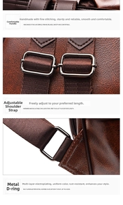Detail view of brown leather backpack with metal hardware and adjustable shoulder straps