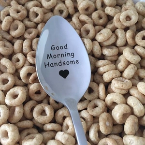 Engraved Good Morning Handsome stainless steel coffee spoon with heart and breakfast cereals