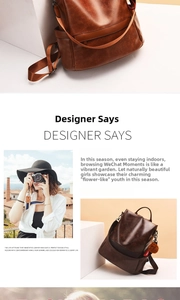Detail view of brown faux leather backpack with side pockets and plush ball charm