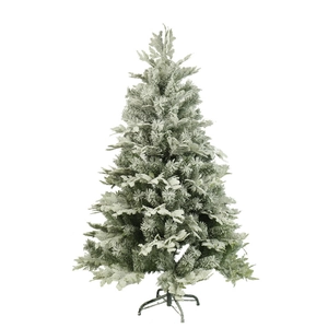 Lush flocked Christmas tree with realistic white snow on green PVC pine branches and metal base
