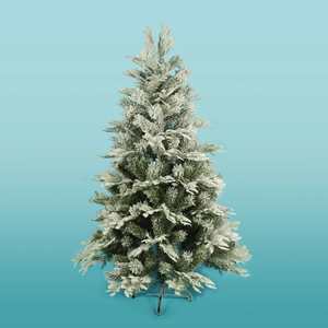 Detailed close-up of a flocked Christmas tree with realistic snow-covered green pine needles