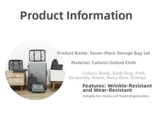 Detail view of 7-piece dark grey cationic Oxford cloth travel organizer storage bags