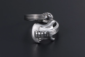 Macro shot of silver guitar ring showing detailed fretboard and strings on black background