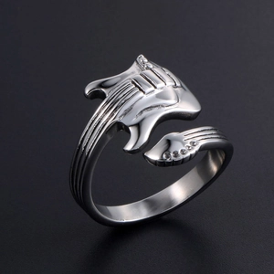 Adjustable silver guitar-themed manta ray ring with sparkling cubic zirconia accents