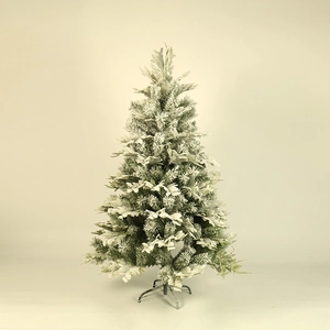 Flocked artificial Christmas tree with PVC cypress leaves and snow effect on a metal stand