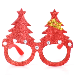Occhiali natalizi a forma di albero rosso glitterato con scritta oro e gemme finte