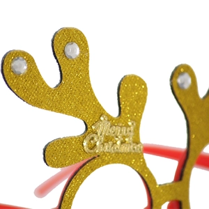 Close-up of gold glitter reindeer antlers with Merry Christmas text and rhinestones
