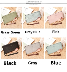 Detailed comparison of long women's zip wallets in green, blue, pink, black, and grey colors