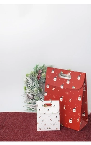 Detail of red and white Christmas gift bags with festive Santa and reindeer cartoons