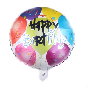 Detail of 18-inch round foil balloon with Happy Birthday print and colorful patterns