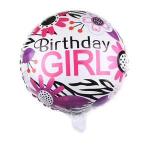 Detail of 18-inch round white foil balloon with Birthday Girl floral design