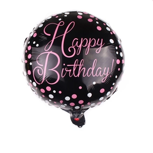Detail of 18-inch black round foil balloon with pink Happy Birthday text and dots