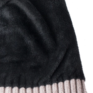 Winter thermal beanie with thick black faux fur lining and brown ribbed knit hem