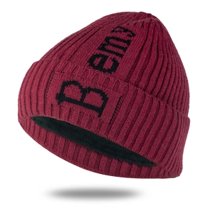 Detail of burgundy knit beanie with Bemy lettering and warm black fleece lining