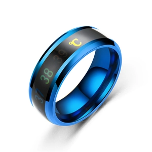 Macro shot of blue temperature sensing ring showing thermal degree digits 37 to 39 on band