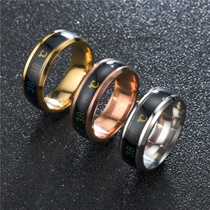 Detail of three thermochromic mood rings in gold, silver and rose gold finishes