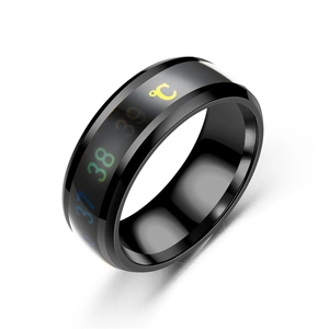 Macro detail of black stainless steel ring showing Fahrenheit temperature sensor display