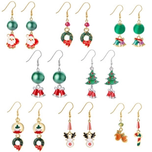 Detailed grid view of nine pairs of festive Christmas enamel earrings on white background