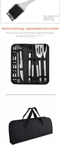 Detail of 35cm stainless steel BBQ brush and multi-piece tool set in oxford bag