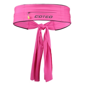Detailed view of pink sports headband with zippered pocket and logo for outdoor running