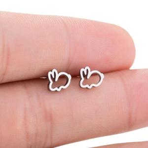 Minimalist silver rabbit hollow stud earrings for women with cute animal silhouette design