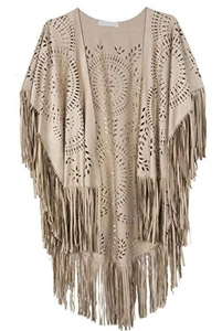Detail of khaki faux suede shawl with intricate hollow cutouts and long fringe tassels