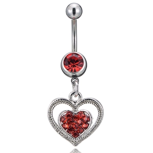 Silver heart-shaped navel ring with red crystals and diamond pendant on white background