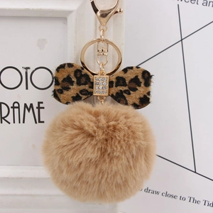 Leopard Print Bow Faux Fur Pom Pom Keychain Rhinestone Alloy Bag Hanging Ornament Car Key Ring Gift