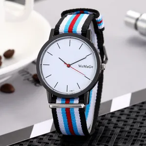 Detail of white dial with NATO-style striped nylon strap on a modern quartz watch