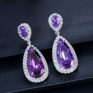 Classic silver-plated drop earrings with pear-shaped purple zircon and micro-pave crystals