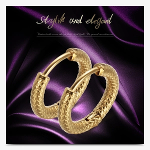 Detail showing gold plated 3mm matte snake pattern hoops on purple silk background