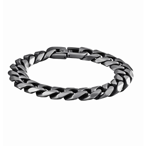 Men's matte black stainless steel Cuban link bracelet with secure press clasp on white background