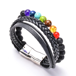 Multi Layer Leather Bracelet With Natural Lava Stone Chakra Beads And Alloy Magnetic Clasp For Yoga Healing Jewelry