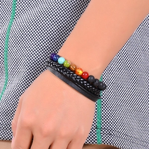 Lava stone and leather multi-layer bracelet with colorful chakra beads on wrist
