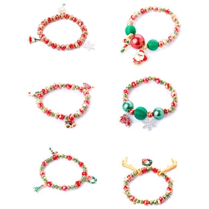 Detailed view of six Christmas beaded bracelets with Santa and snowflake charms