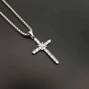 Polished silver stainless steel cross pendant necklace with AAA cubic zirconia stones