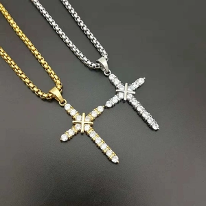 Cross Pendant Necklace Stainless Steel Gold Plated Zircon Inlaid Religious Hip Hop Jewelry For Men Women